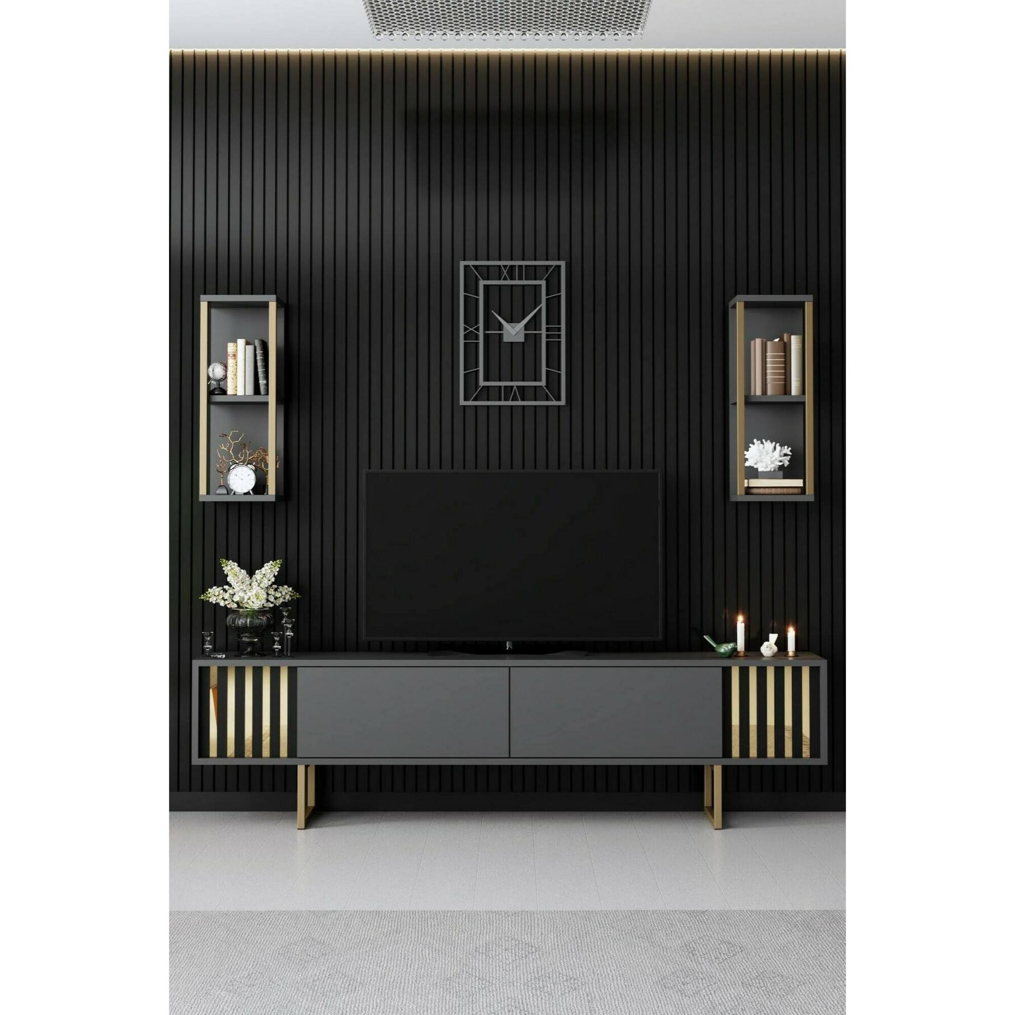 Mobile porta TV Dliveran, Credenza da soggiorno, Armadio basso per TV, Base parete attrezzata, 180x30h48 cm, Antracite e Nero