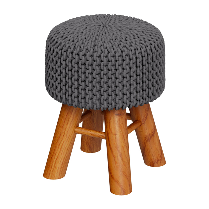Petit tabouret rond en tricot coton gris foncé et pieds en bois - Lisa
