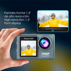 Cámara Deportiva AT-G40 1080FHD con 12 mpx, doble pantalla de 2" y 1.3" con multitud de accesorios deportivos y WIFI.