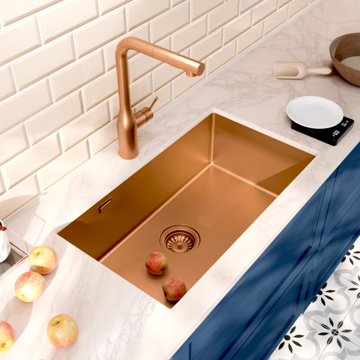 Timeless Évier de cuisine sous plan inox 304, 1 bac, 68x45x21 cm, Cuivre brossé PVD