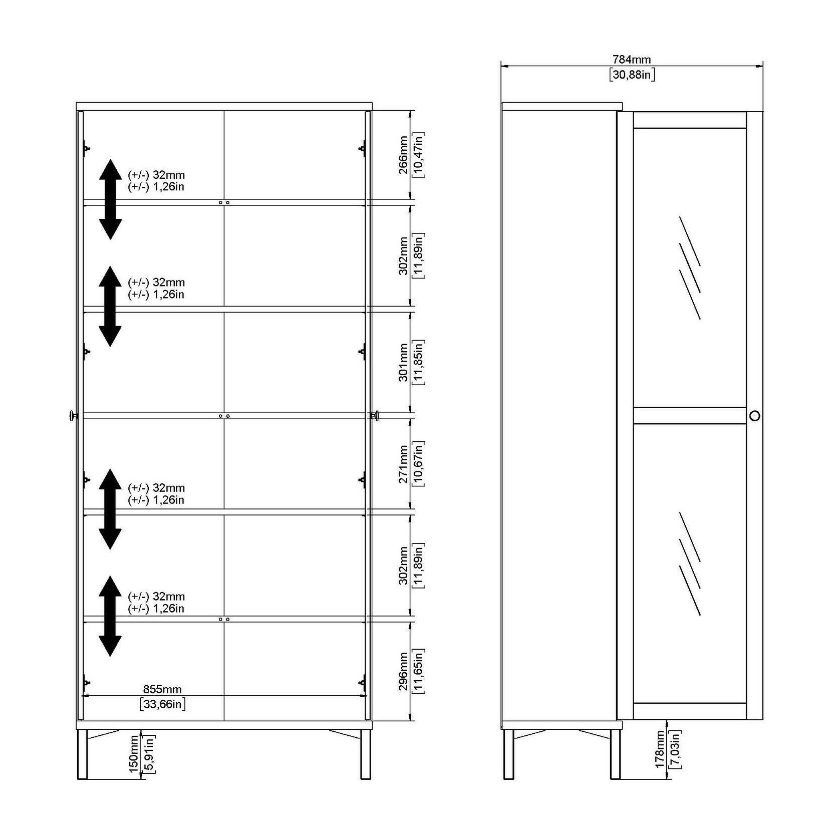 Vetrina Wutip, Credenza espositiva, Vetrinetta multiuso, Madia da soggiorno, 89x36 h203 cm, Bianco