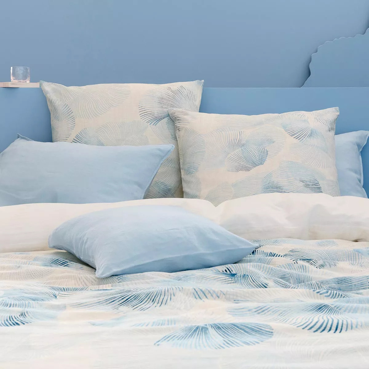 Housse de couette lin & coton lavé 130 g/m² imprimé bleu beige Vagues indigo