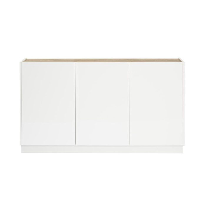 Buffet design blanc laqué brillant et bois clair 3 portes L155 cm NELIO