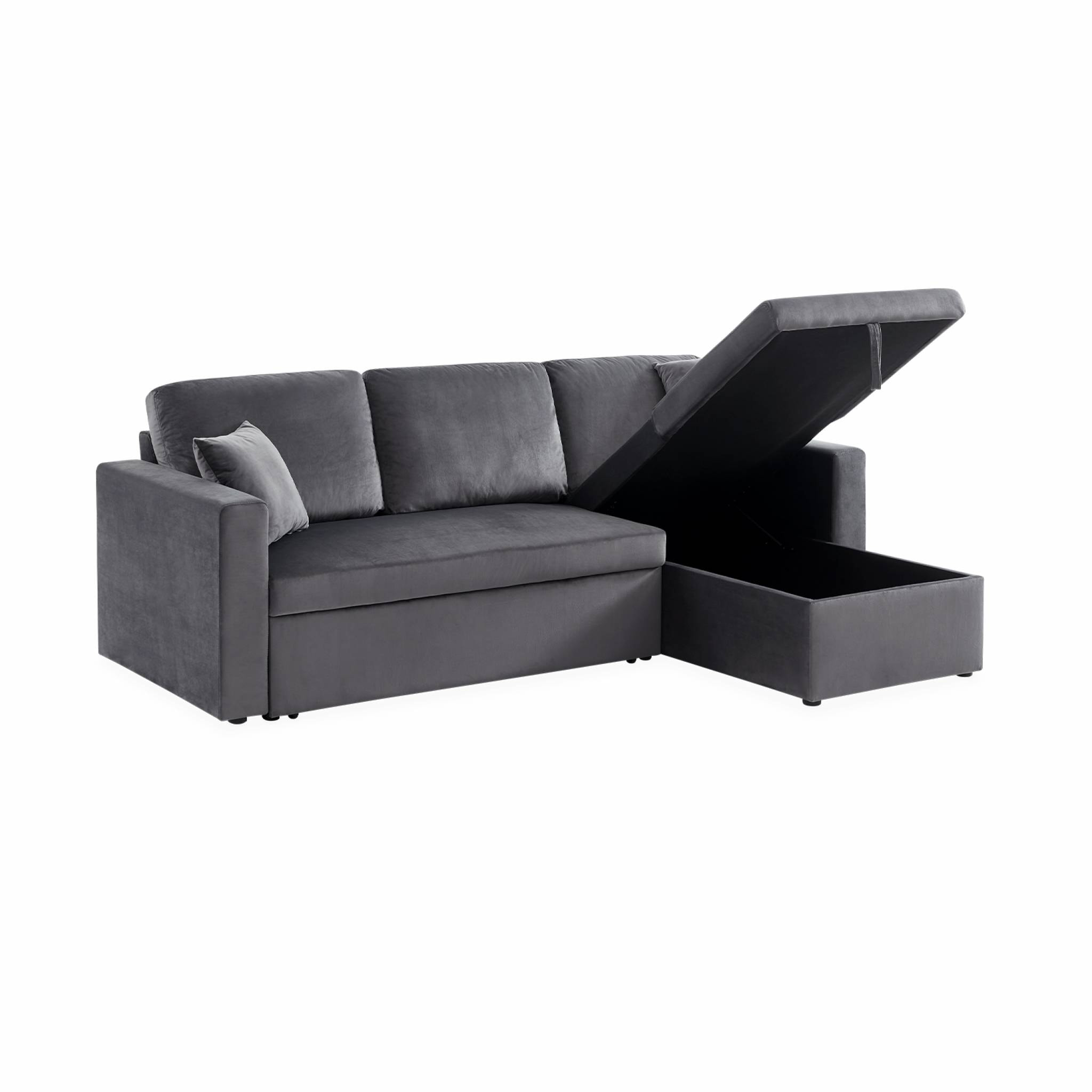 Canapé d'angle convertible en velours gris foncé 3 places. fauteuil d'angle réversible coffre rangement lit modulable