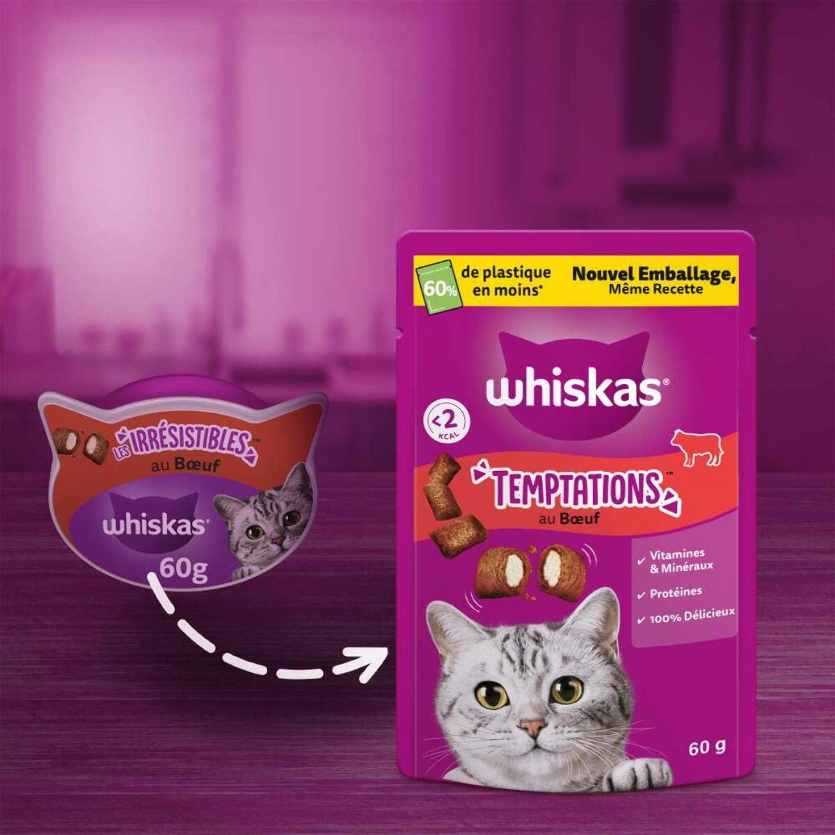 WHISKAS Temptations 6 Friandises pour chat au Bœuf (6x60g)