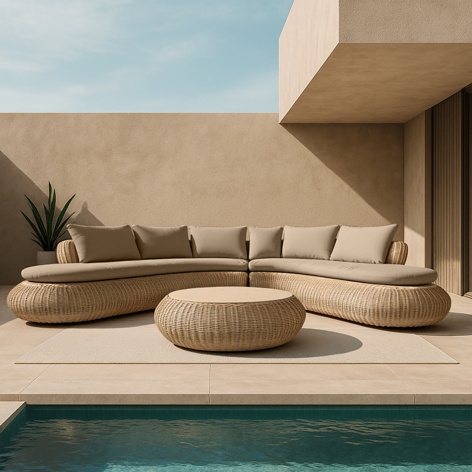 Salon de jardin 7 places en résine tressée effet rotin beige  MAJORELLE