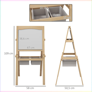 Caballete para Niños 3 en 1 Pizarra Caballete de Doble Cara Pizarra Blanca Caballete de Madera para Dibujo con Rollo de Papel y 2 Cestas 58x50,5x109 cm Natural