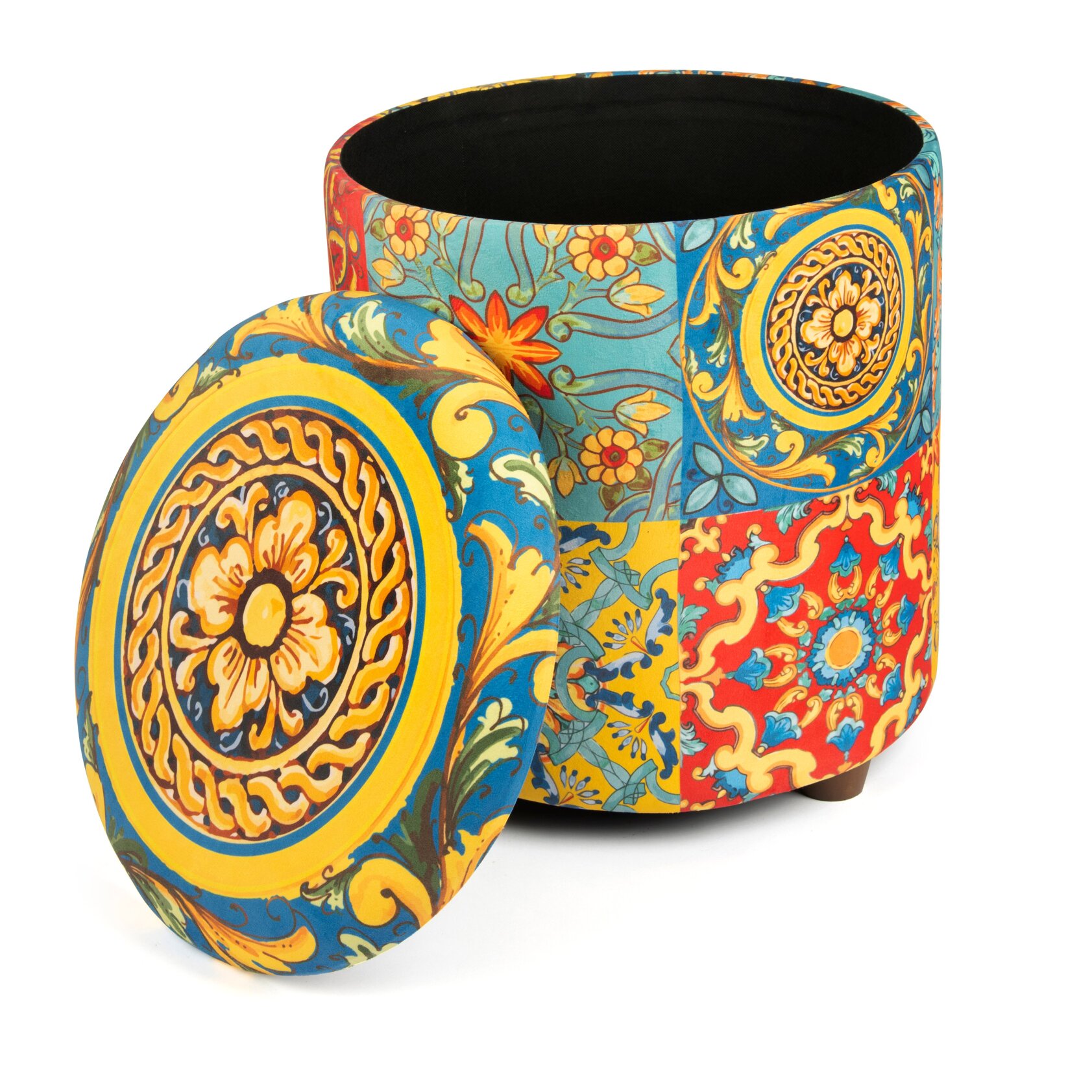 Pouf contenitore Excelsa Trinacria in velluto e legno 39x39x43 cm multicolore