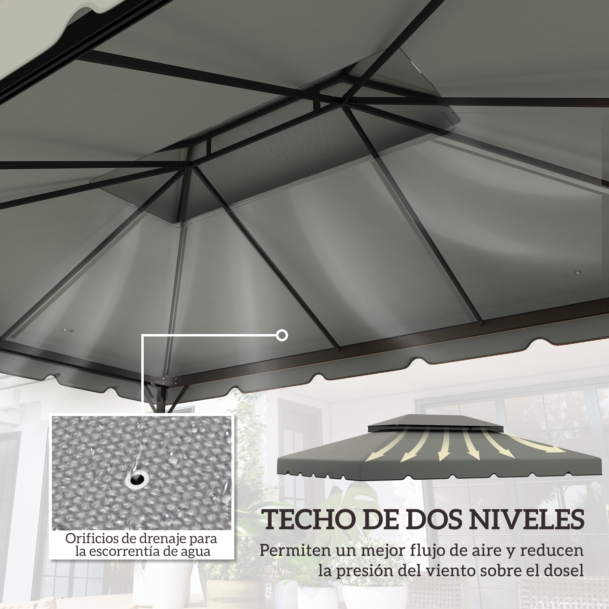Techo de Repuesto para Cenador, 4x3 m, Cubierta de Repuesto con Doble Techo, 8 Orificios de Drenaje, SOLO Toldo de Recambio para Pabellón Gazebo, Beige