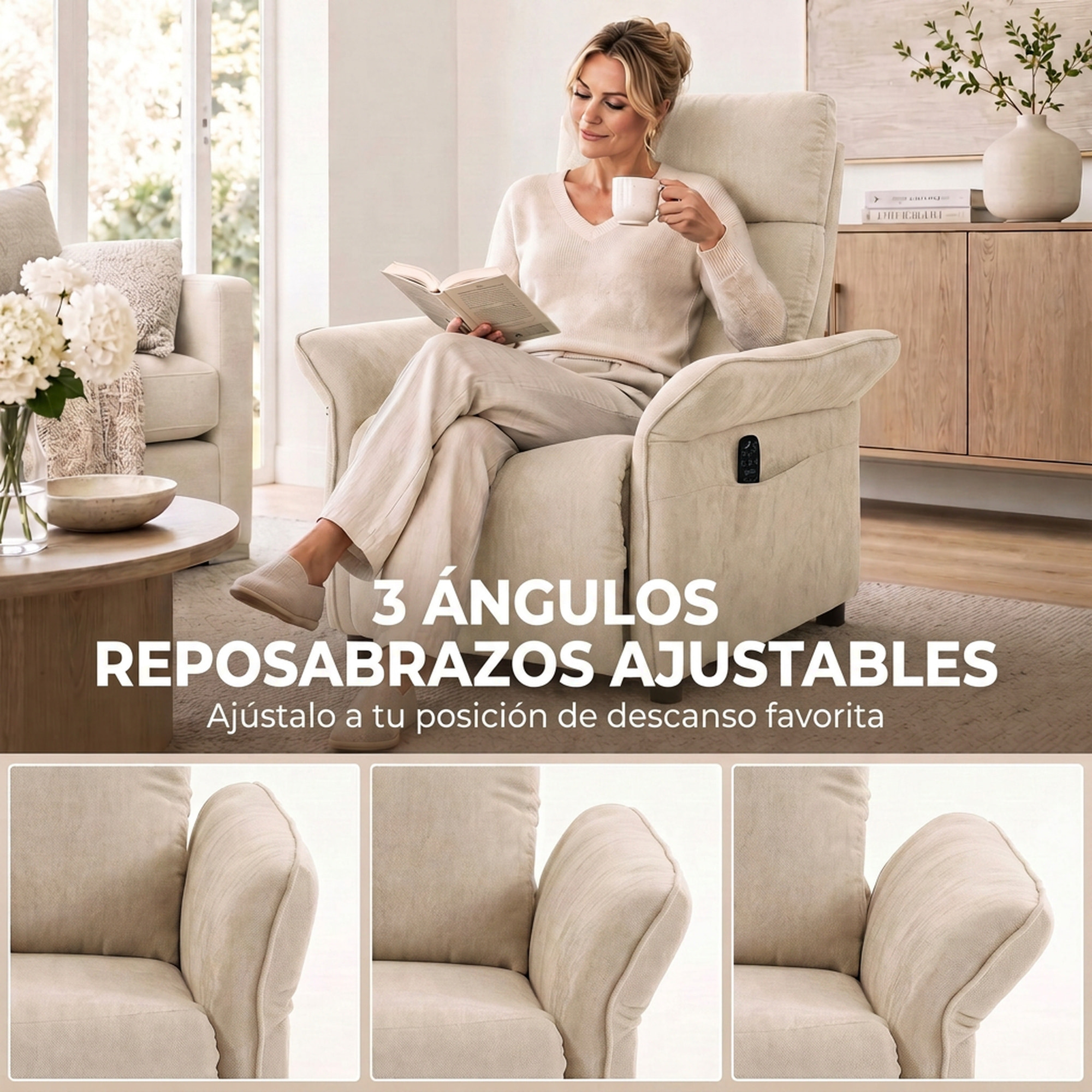 HOMCOM Sillón de Masaje, Sillón Relax Reclinable 135° Manual, Calor Lumbar, Mando a Distancia, Reposapiés, 8 Zonas de Masaje, Reposabrazos Ajustables, Asiento Muelles, Bolsillos, Tapizado Rizo, Beige