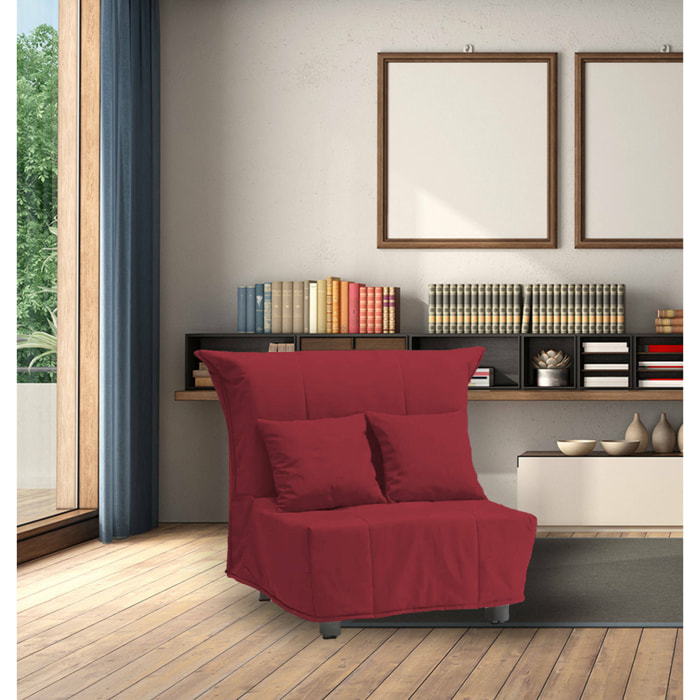 Divano Letto Alma, Divano singolo, 100% Made in Italy, Poltrona soggiorno con apertura a carrello, in tessuto imbottito, con cuscini inclusi, Cm 85x90h85, Rosso