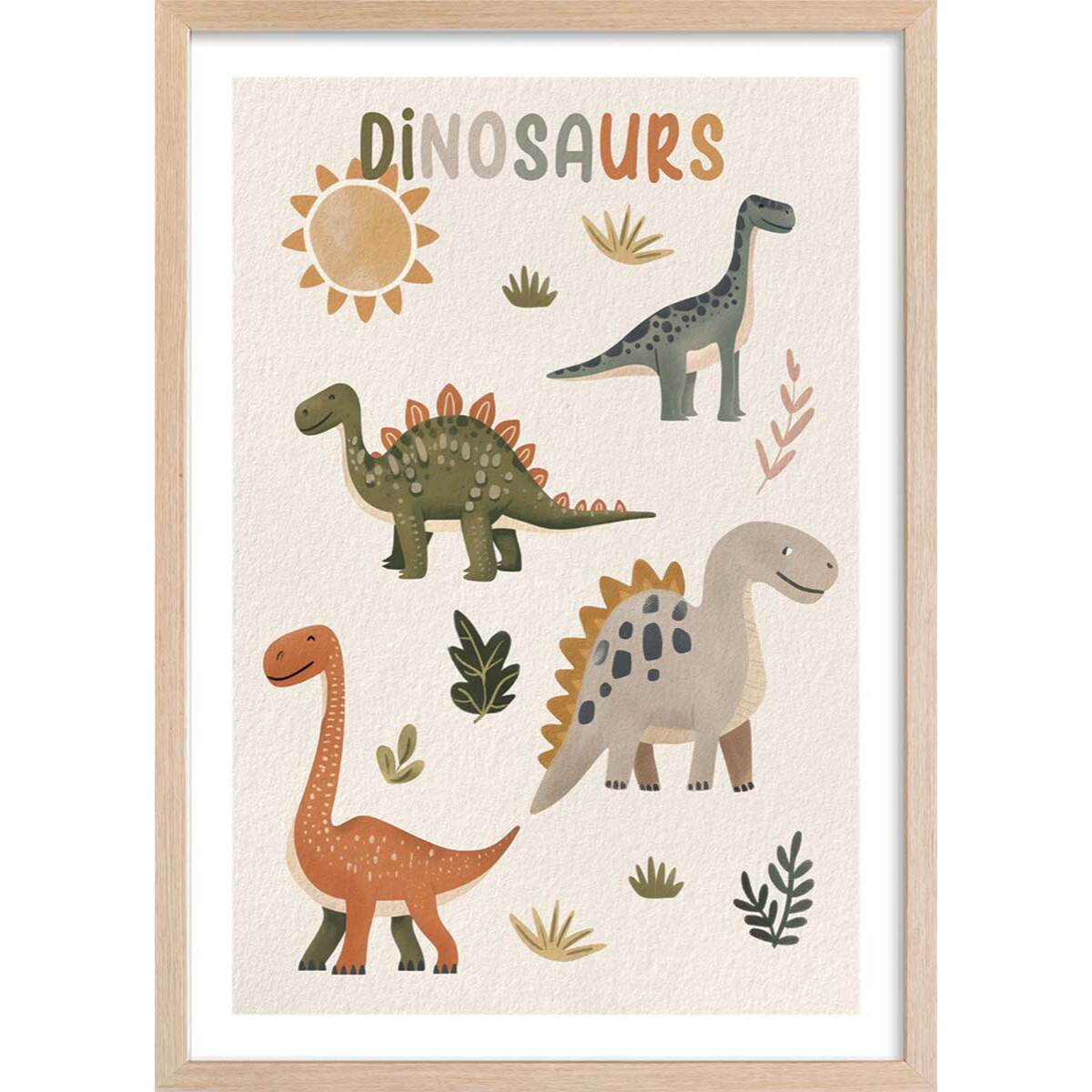 Affiche enfant les grands dinos  Affiche + cadre en bois - Chêne