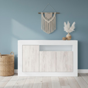 Credenza Moderna Madia A Terra Con 3 Ante Vano A Giorno E Ripiani Interni Mobile Contenitore Antigraffio 144x42x87 Cm Bianco Anticato e Bianco