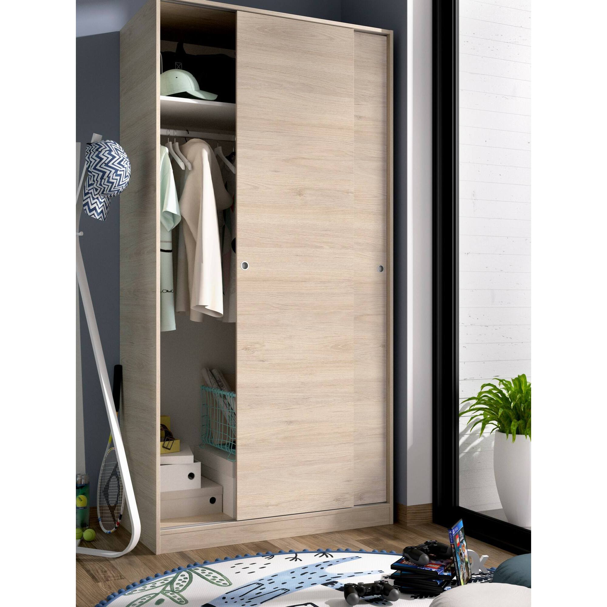 Guardaroba Kilimangiaro, Mobile appendiabiti per camera da letto, Armadio con 2 ante scorrevoli, 100x50h204 cm, Rovere