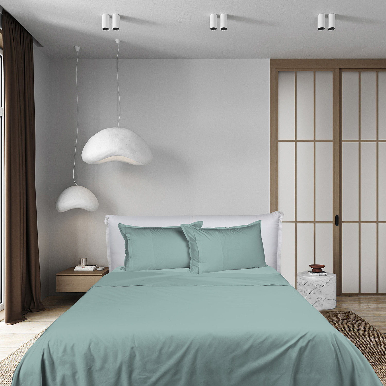 UNO CASA DESIGN Completo Lenzuola in Puro Cotone Garment Washed_No-Stiro_matrimoniale_verde-azzurro