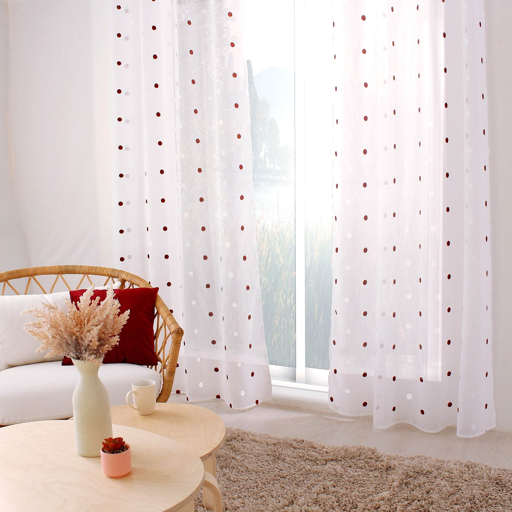 Voilage sablé brodé 'Pois colorés' - Bordeaux