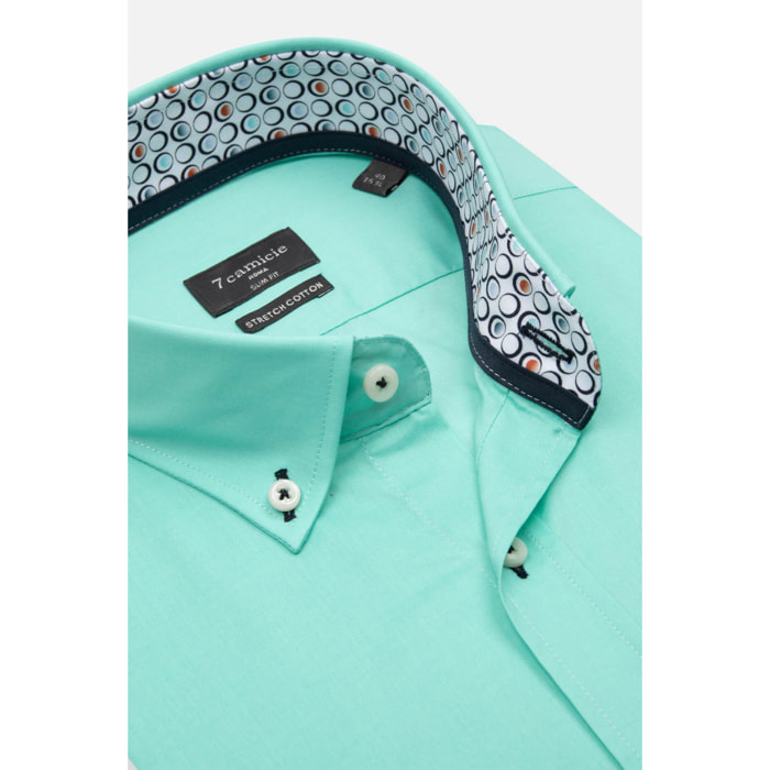 camicia uomo 1 bottone button down slim Popeline Stretch Unito Verde Acqua