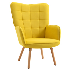 Butaca de Salón Moderna Sillón con Respaldo Alto Reposabrazos Tela de Lino y Patas de Madera de Haya para Comedor Cocina 71x76x101 cm Amarillo