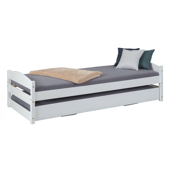 Letto singolo con secondo letto sollevabile, in pino massello color bianco, cm 209x97x62