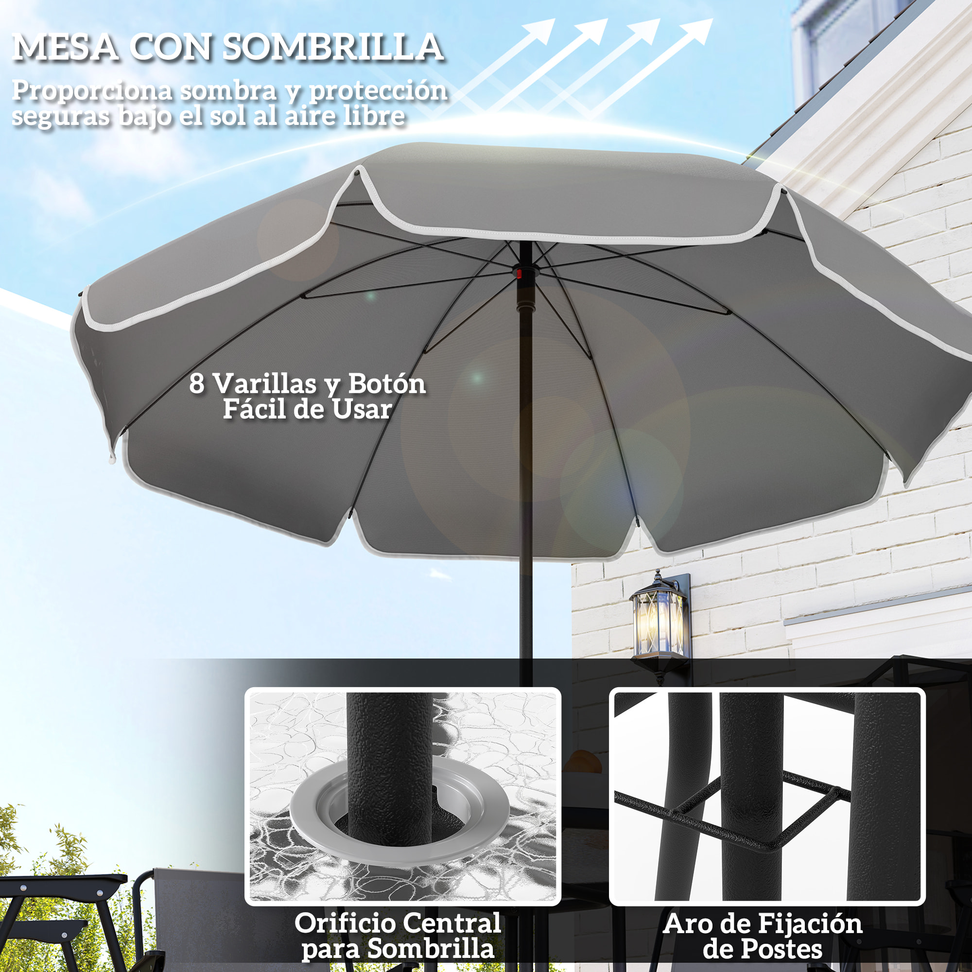 Conjunto de Mesa y Sillas Jardín de 6 Piezas Muebles de Jardín Exterior con 4 Sillas Plegables Mesa de Vidrio y Sombrilla para Terraza Patio Gris