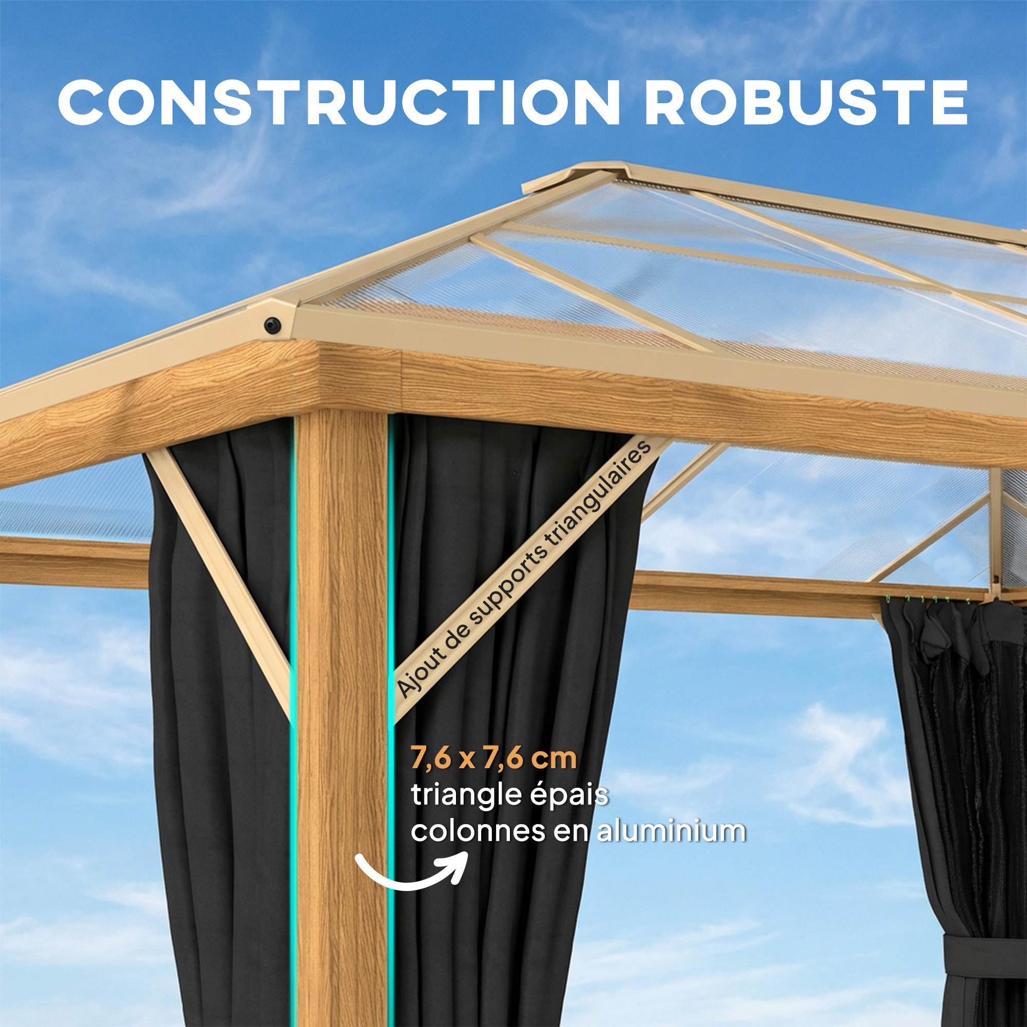 Pergola pavillon de jardin alu effet bois toit polycarbonate 3 x 4 m rideaux moustiquaires inclus