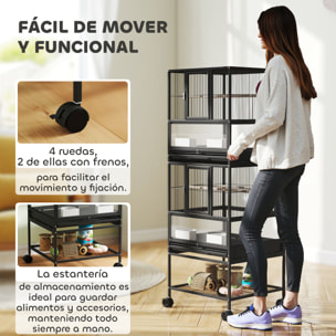 Jaula para Pájaros Jaula Grande de 2 Niveles con Ruedas Paneles Acrílicos Comederos Perchas Estante Bandejas Extraíbles Pajarera para Loros Canarios 48x46x134,5 cm Negro
