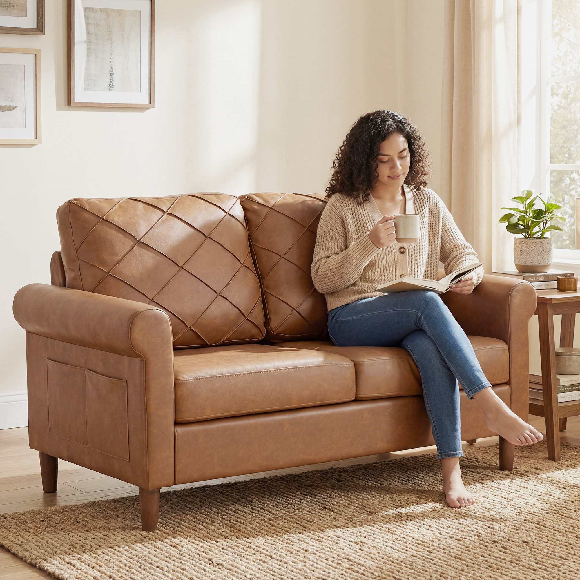 Sofá de 2 Plazas, Sofá Moderno, Tapizado en PU, Cojín Grueso, Respaldo con Costuras, Asiento Amplio, Patas de Madera Maciza para Salón, Dormitorio y Oficina, 134x71x82 cm, Marrón