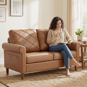 Sofá de 2 Plazas, Sofá Moderno, Tapizado en PU, Cojín Grueso, Respaldo con Costuras, Asiento Amplio, Patas de Madera Maciza para Salón, Dormitorio y Oficina, 134x71x82 cm, Marrón