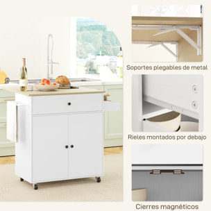 Isla de Cocina con Ala Abatible Carrito de Cocina Mueble Auxiliar de Cocina con Ruedas 2 Puertas Cajón Especiero Toallero y Estante Ajustable 106x42x87 cm Blanco y Roble