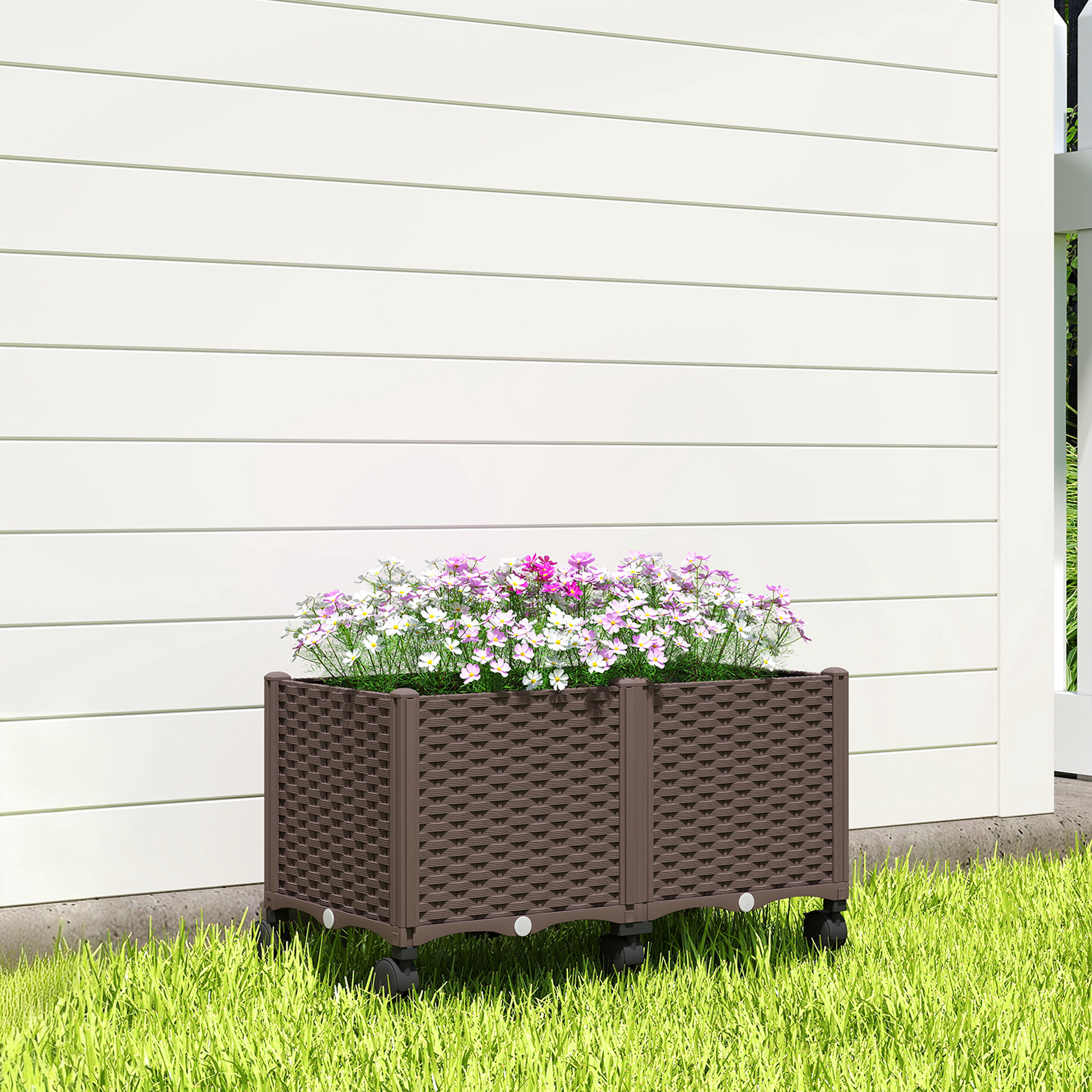 Jardinera Elevada con 6 Ruedas, Jardinera Exterior Móvil de Plástico con Riego Automático y Drenaje, Macetero Exterior para Cultivos, Plantas, Jardín, Terraza, 80x40x43 cm, Marrón