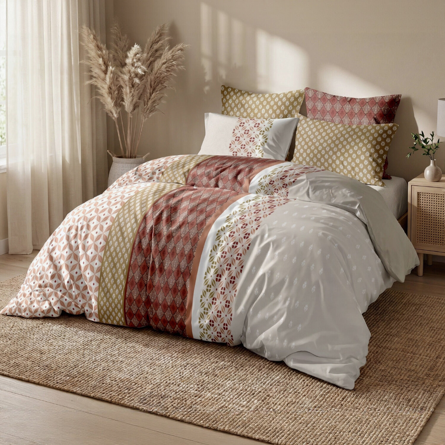 Parure housse de couette 240x220 cm imprimée orientale + 2 taies 100% Coton - RIADI