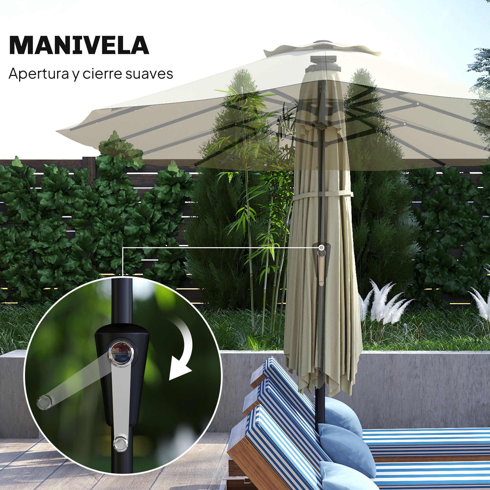 Sombrilla Doble con 36 Luces LED Solares, 4x2 m, Sombrilla Terraza Exterior con Manivela, UPF50+, 12 Varillas, Resistente al Agua, Parasol para Jardín, Terraza, Patio, Beige