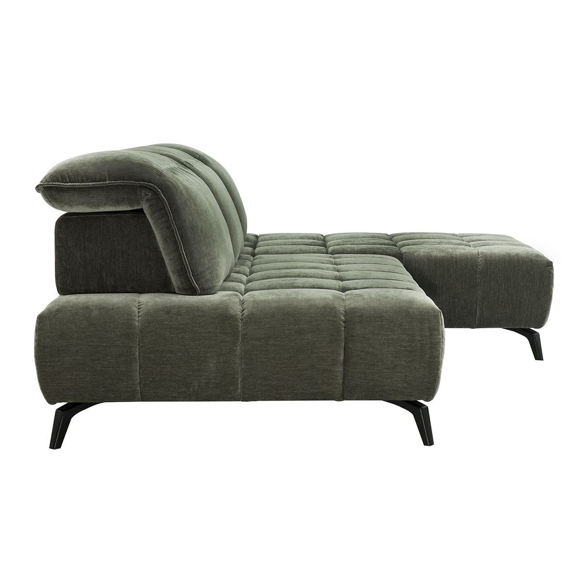 Canapé modulable 4 places avec têtières ajustables en tissu effet velours vert kaki et métal noir OLMO