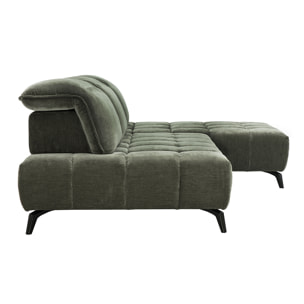 Canapé modulable 4 places avec têtières ajustables en tissu effet velours vert kaki et métal noir OLMO