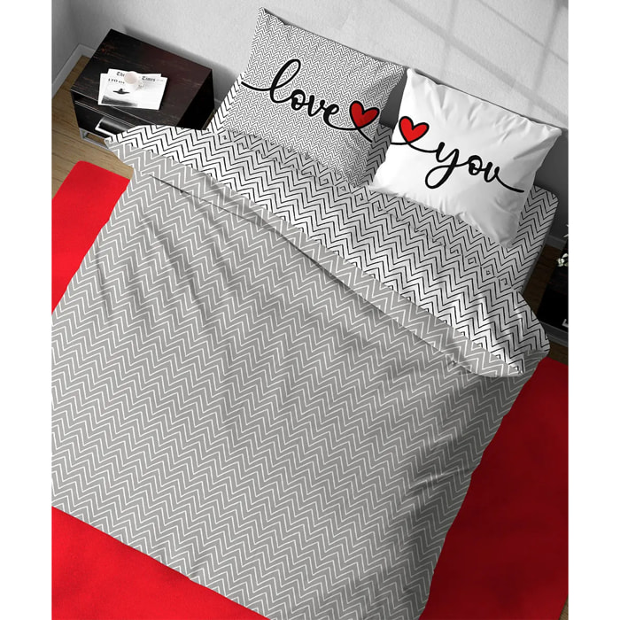 Parure Copripiumino Happy Love You per letto singolo in 100% Cotone e Made in Italy, zig zag moderno