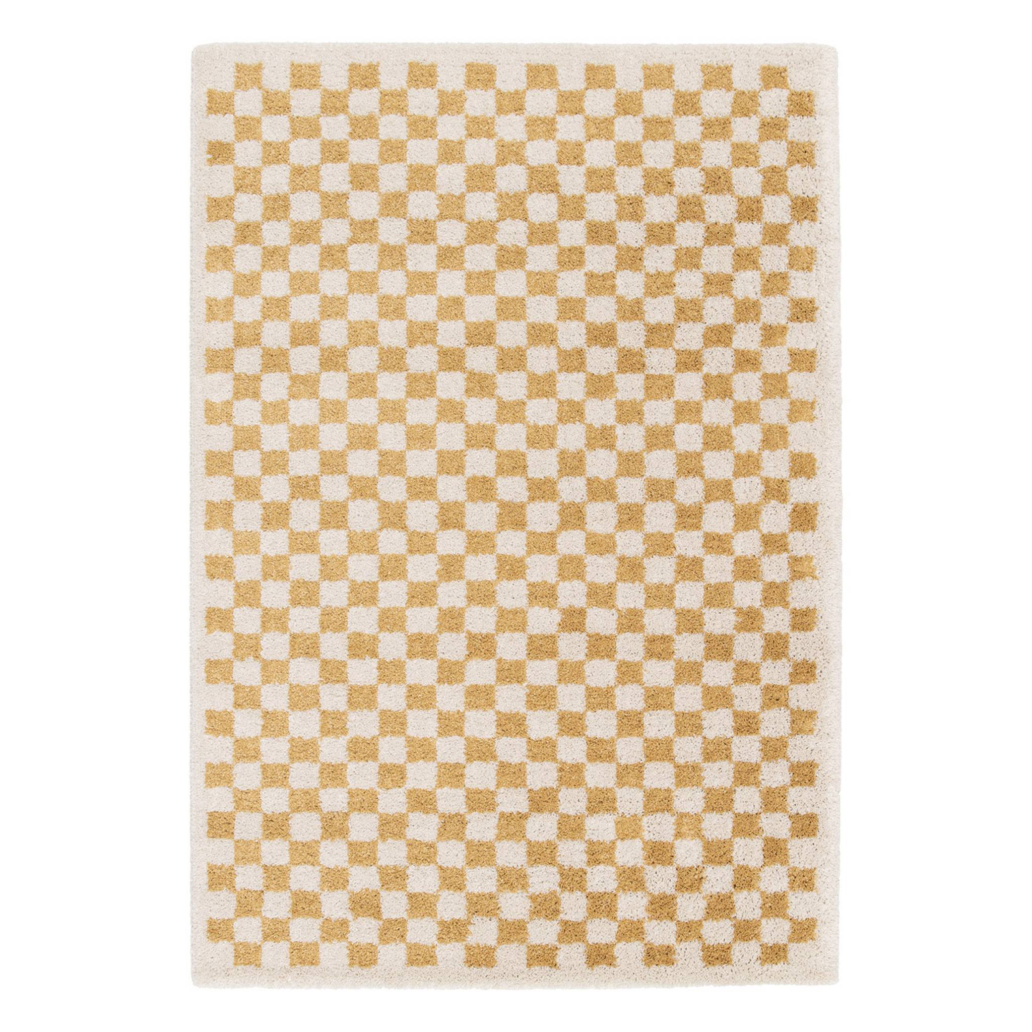 Tapis intérieur shaggy damier jaune moutarde et crème TAYLOR