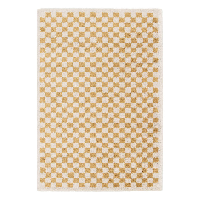 Tapis intérieur shaggy damier jaune moutarde et crème TAYLOR