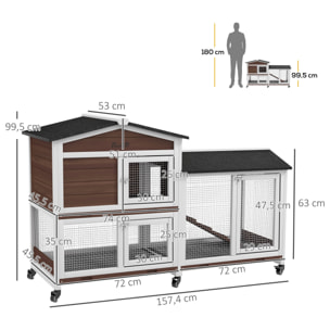 Conejera de Madera con Ruedas 157,4x53x99,5 cm Jaula para Conejos Grande con Techo Asfáltico Bandeja Extraíble y Rampa para Exterior e Interior Marrón