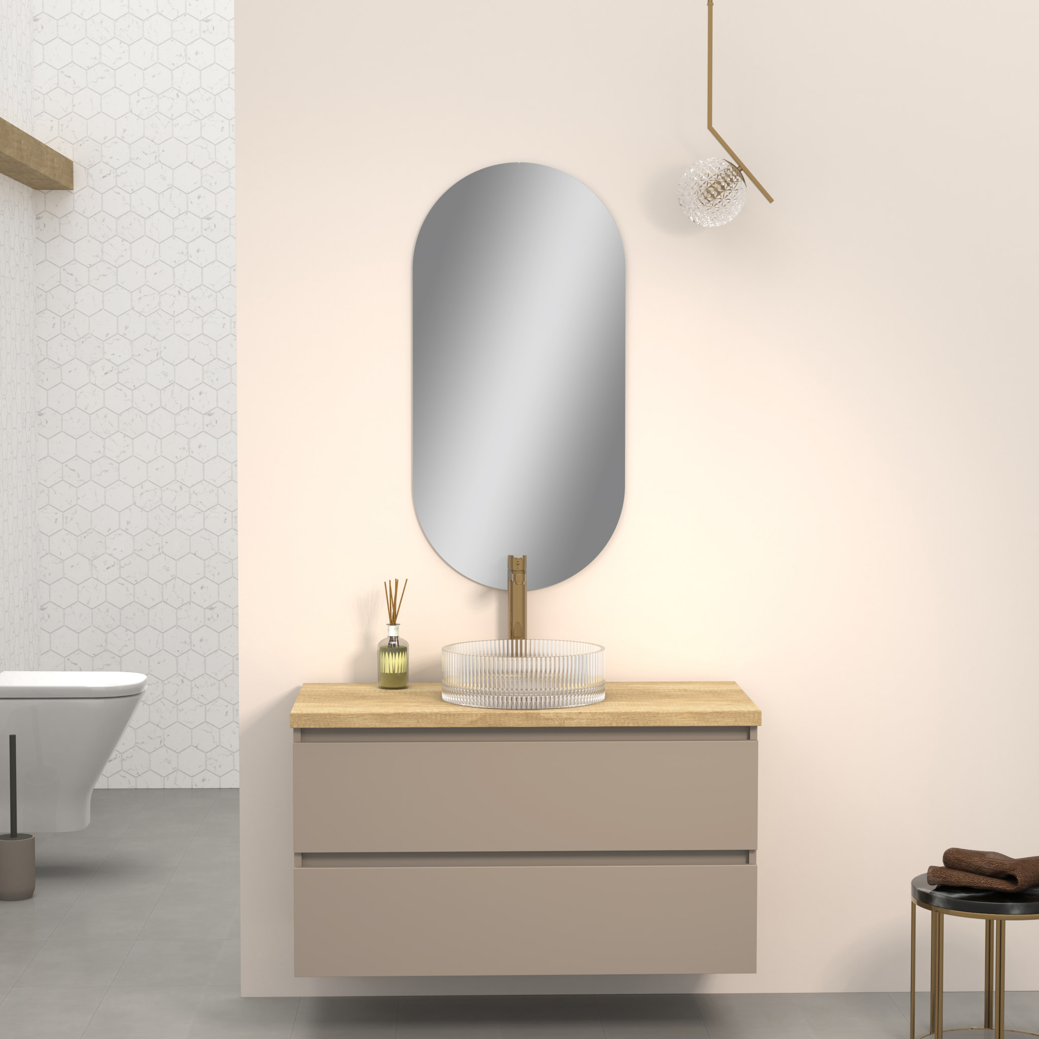 CONJUNTO DE BAÑO KUB | 100 CM VISÓN | DOS CAJONES | LAVABO DE CRISTAL | NO INCLUYE ESPEJO | MUEBLE MONTADO | ALDAY