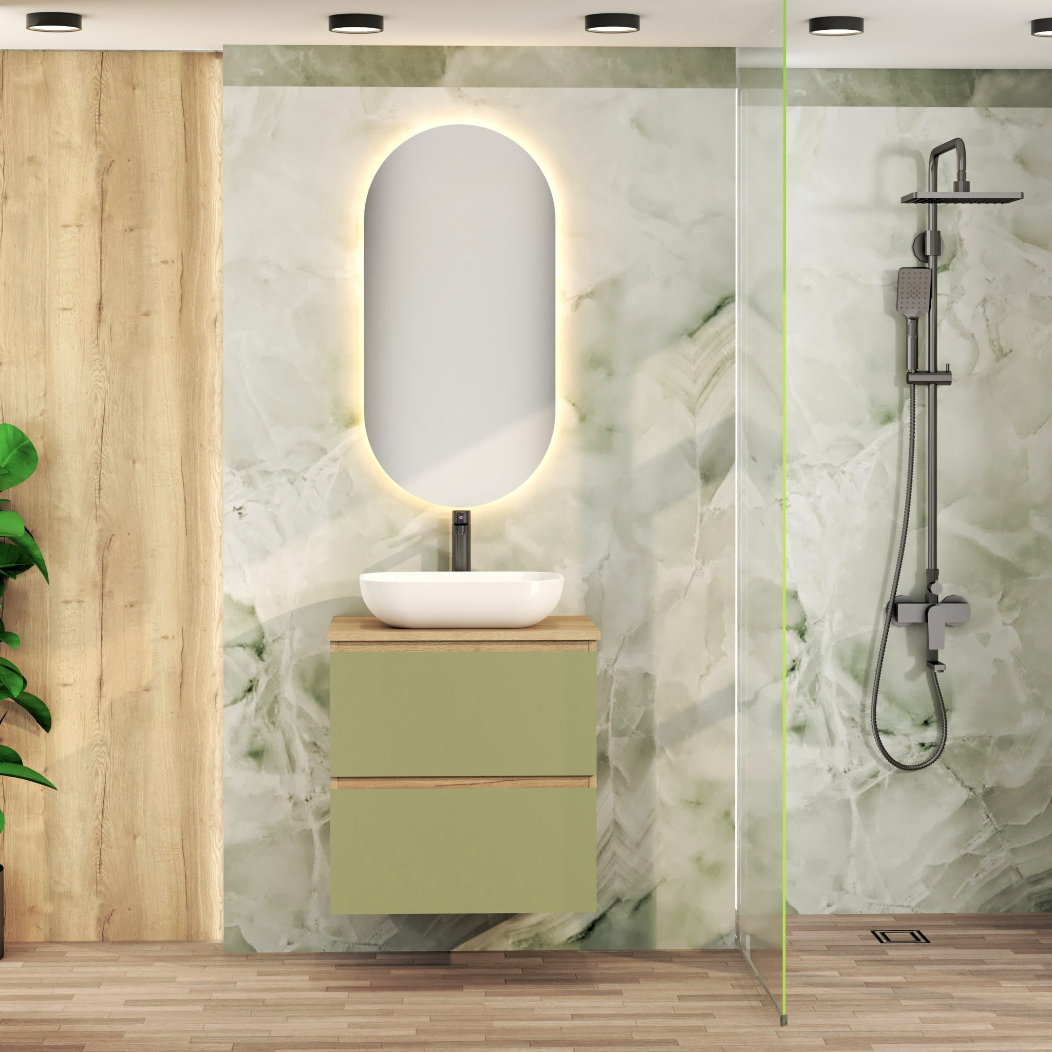 Ensemble de Salle de Bain Nia | Meuble Suspendu | 60 cm Vert | Deux Tiroirs |Lavabo sur Plan | Miroir non inclus | Meuble Monté | Alday