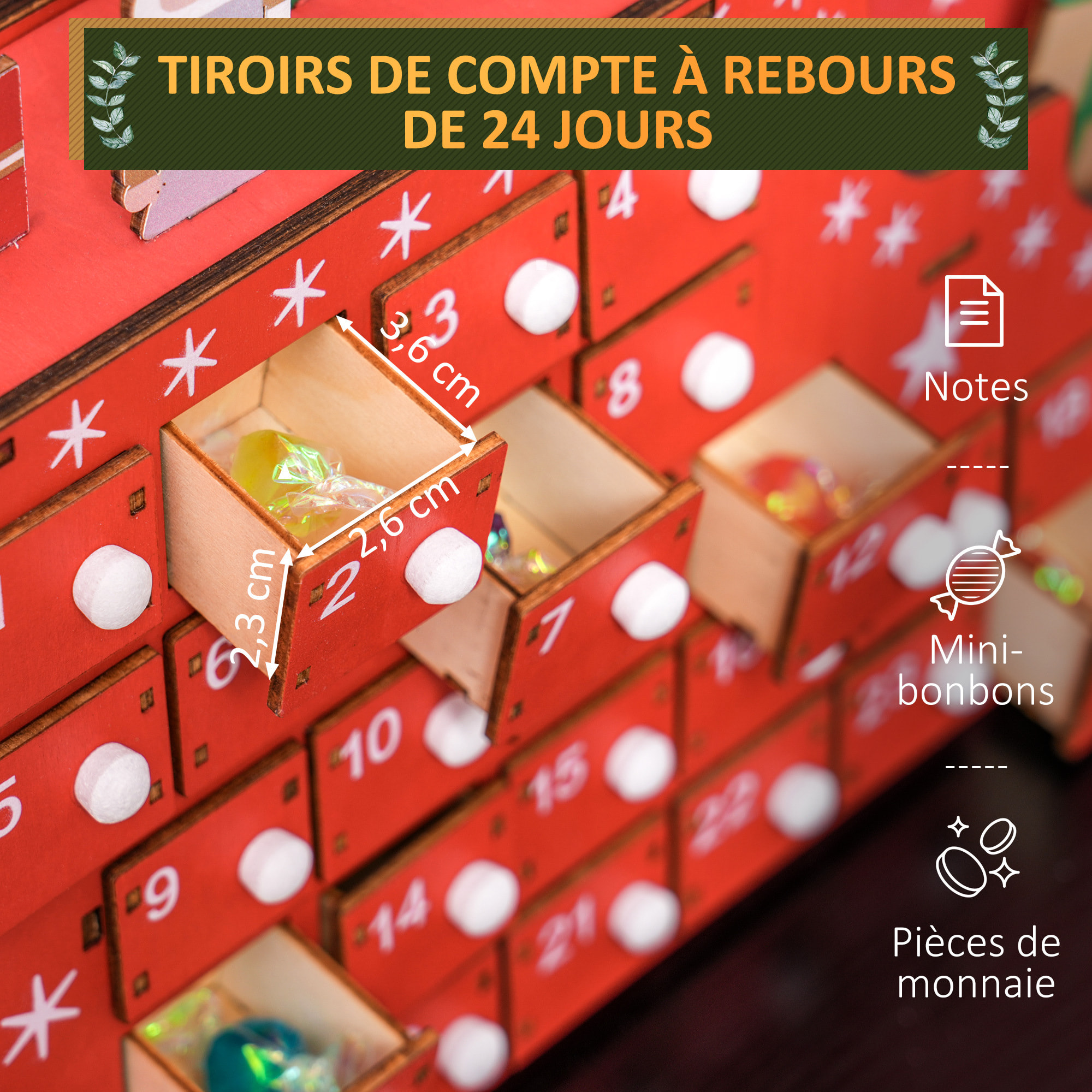Calendrier de l'Avent en bois traineau - 24 tiroirs - décoration de Noël - blanc rouge