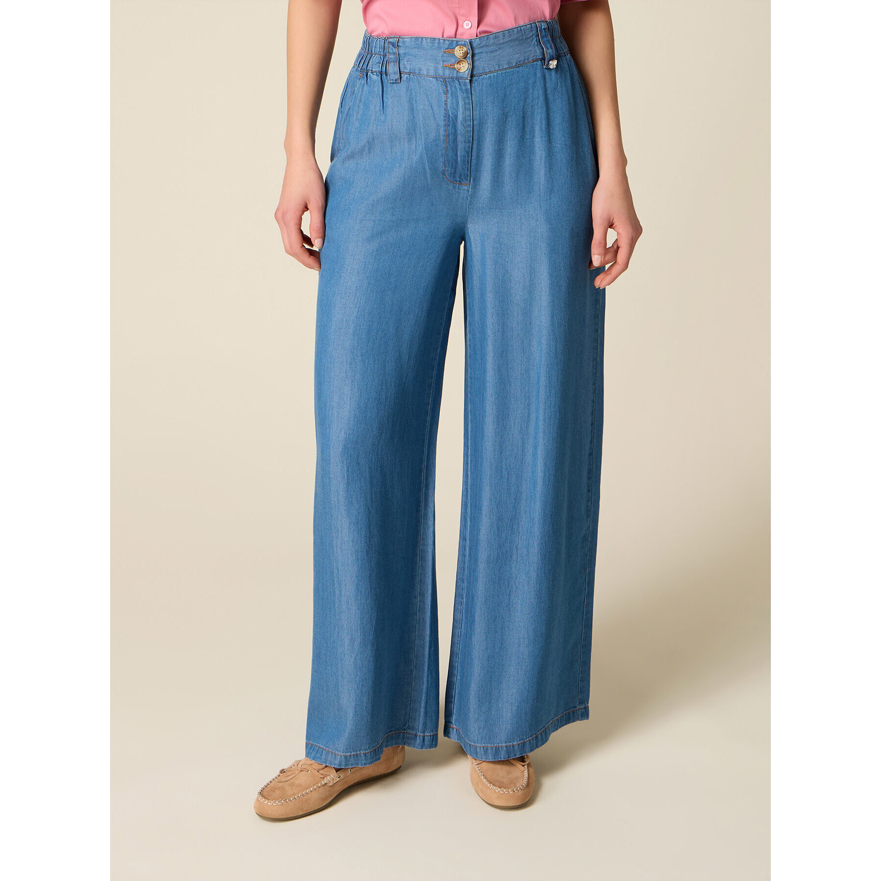 Oltre - Pantalones palazzo de tencel efecto denim - Azul
