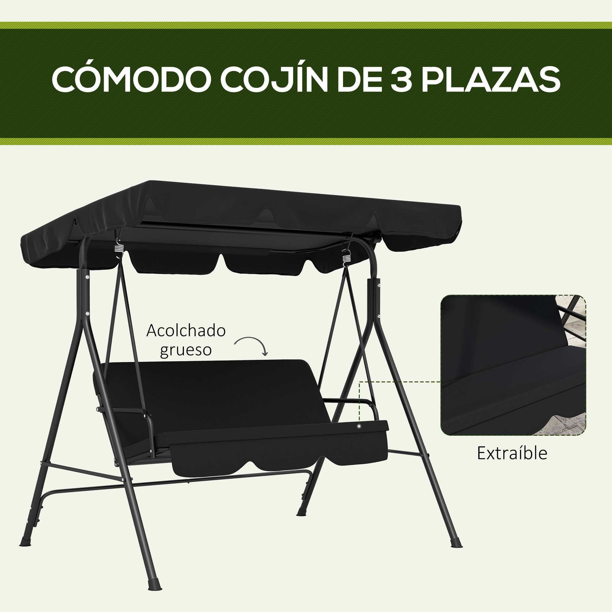 Columpio de Jardín de 3 Plazas Balancín Exterior con Techo Ajustable y Marco de Acero para Balcón Terraza Patio Carga 200 kg 172x110x153 cm Negro
