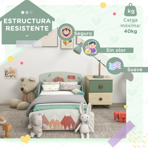 Cama Infantil de Madera 143x77x60 cm Cama para Niños de 3-6 Años con Barreras de Protección y Estampados Carga Máx. 40 kg Mueble de Dormitorio Moderno Verde