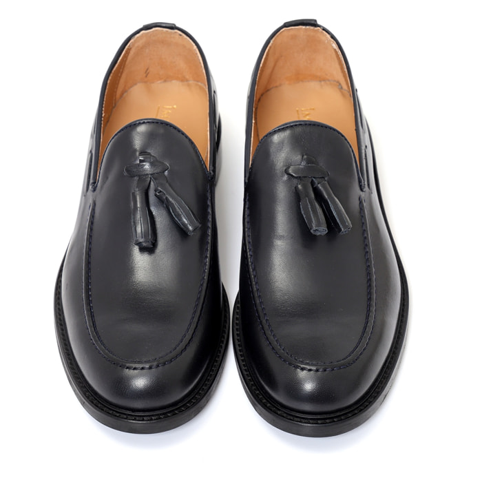 Mocassini in pelle crust con fondo in cuoio antiscivolo blu