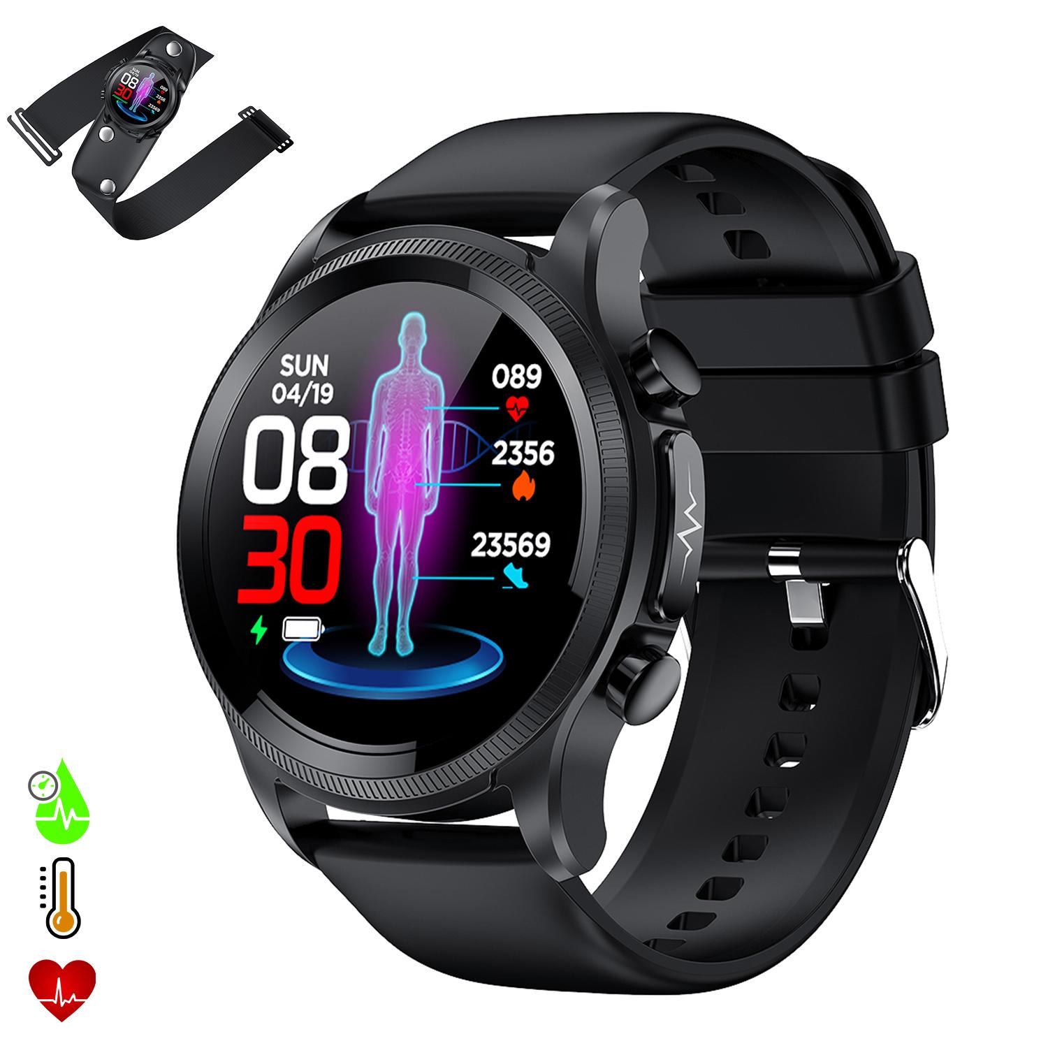 Smartwatch E400 con rilevamento della glicemia, pressione sanguigna e monitor O2. ECG con misurazione del torace.