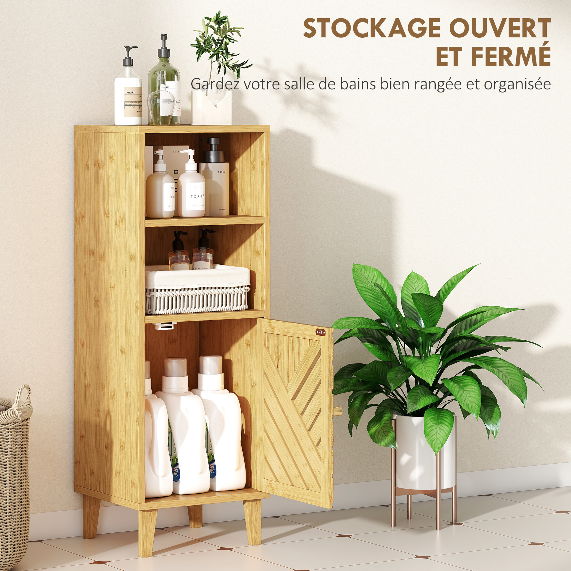 Meuble de salle de bain, meuble de rangement, armoire salle de bain avec 1 placard, 2 compartiment ouvert, porte et pieds en bambou, 32 x 30 x 90 cm, effet bois naturel