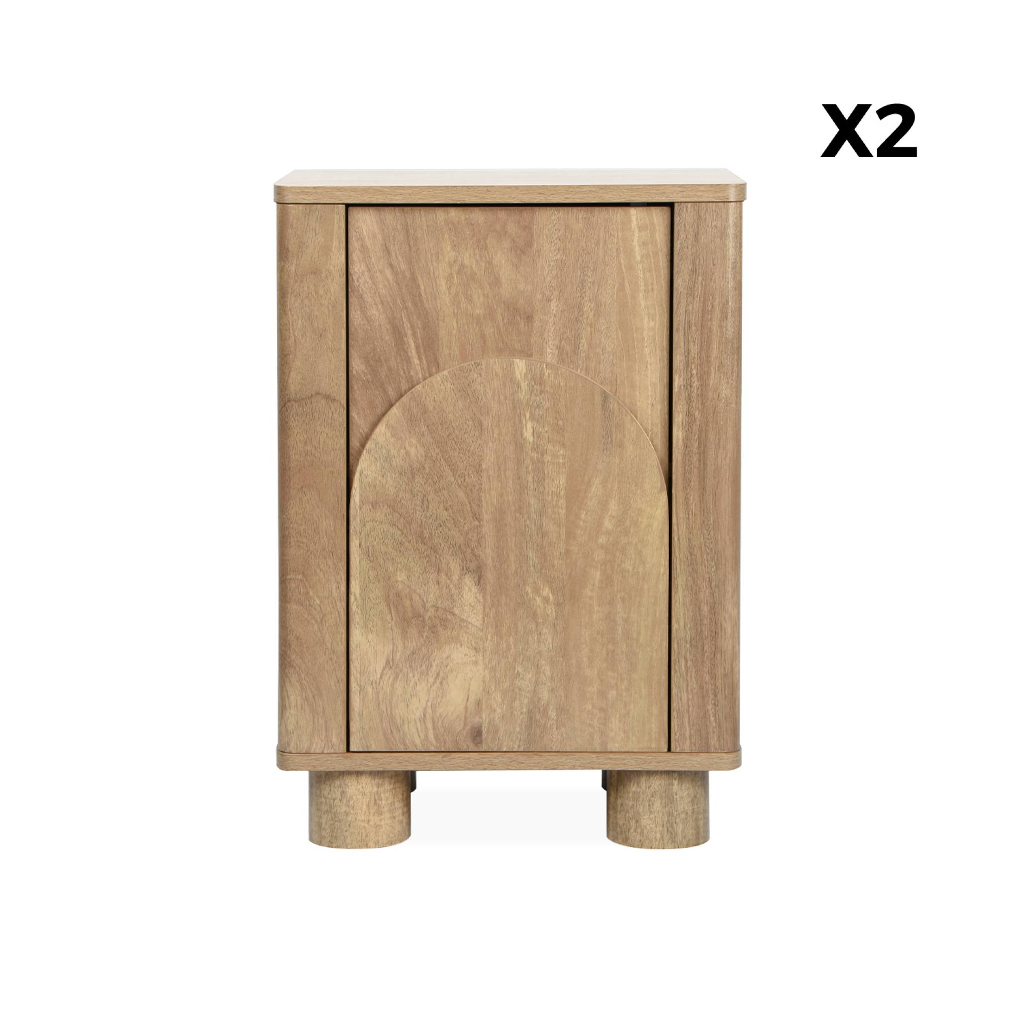 Lot de 2 tables de chevet exotiques MDF effet bois de manguier et pieds arrondis. 1 porte et 1 étagère