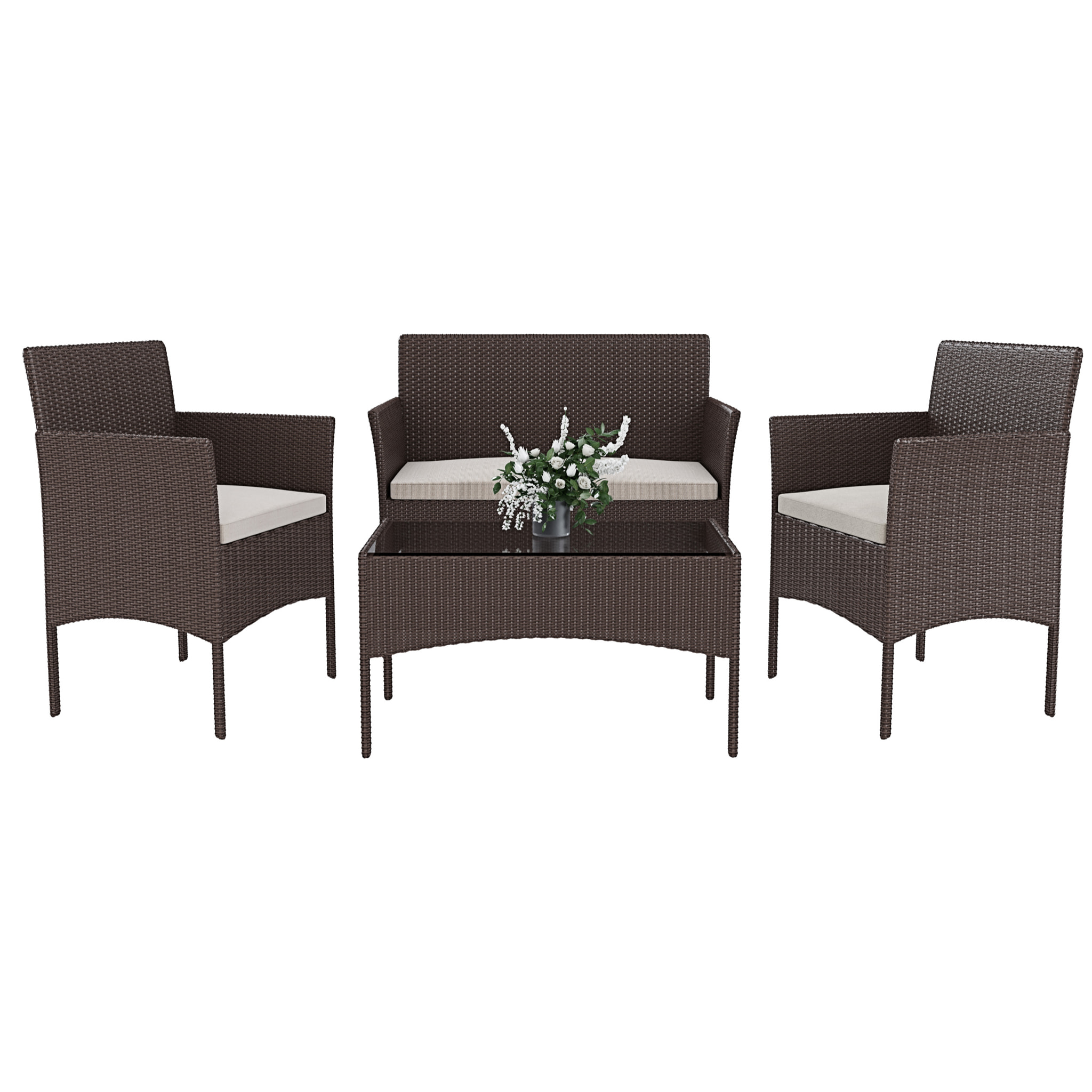 Set Di Mobili da Giardino Salotto Salottino in Rattan 4 Posti con Tavolino Ripiano In Vetro 2 Poltrone Divano 2 Posti Giardino Esterno Cuscini Marrone