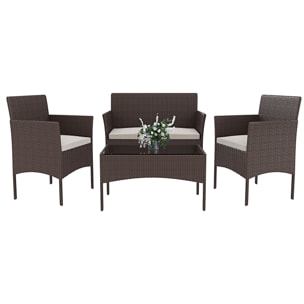 Set Di Mobili da Giardino Salotto Salottino in Rattan 4 Posti con Tavolino Ripiano In Vetro 2 Poltrone Divano 2 Posti Giardino Esterno Cuscini Marrone
